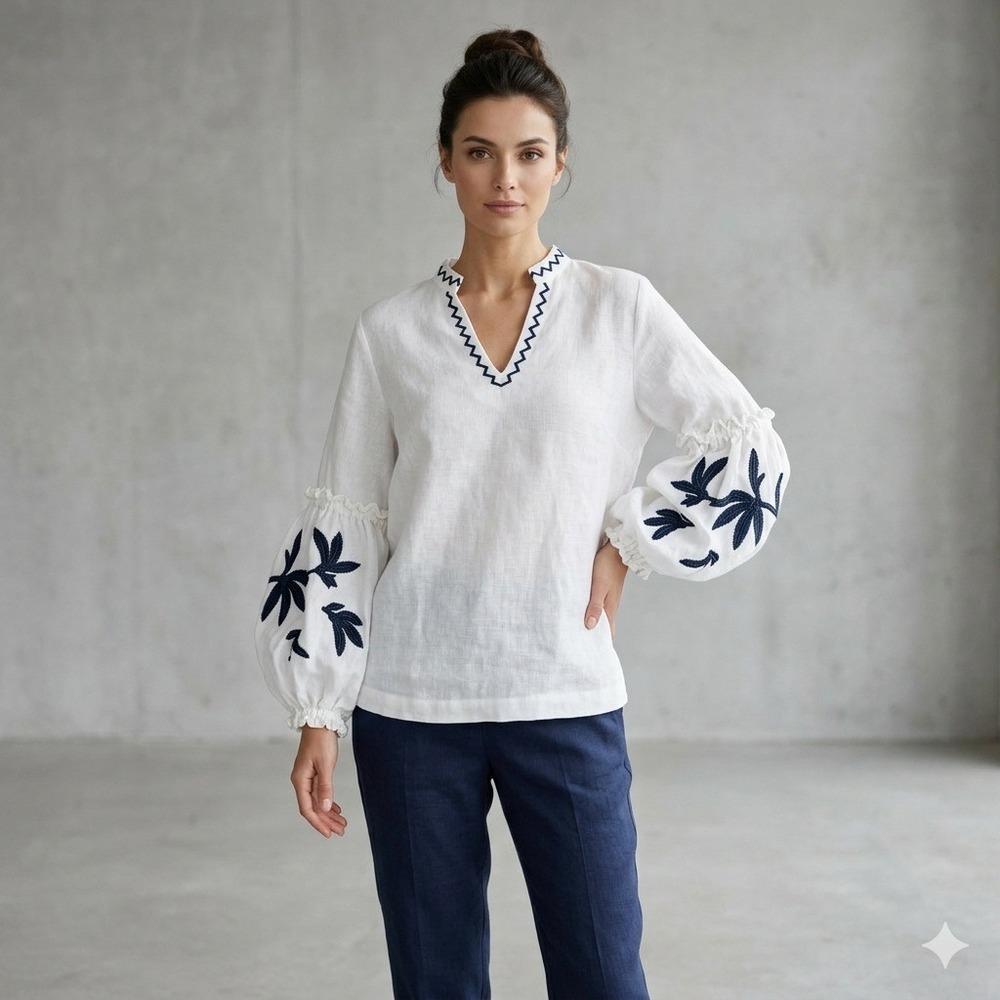 Chico's White Linen Blend Embroidered Palm Leaf Puff Sleeve Tunic Top Size 0/4